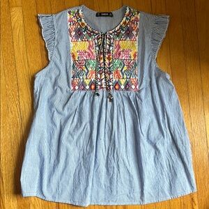 SHEIN Blue Ruffled Embroidered Blouse
